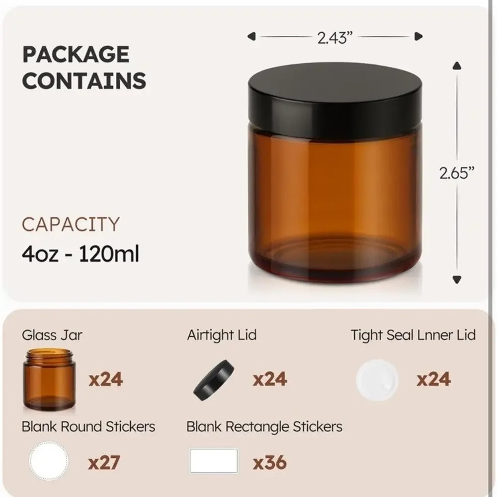 4 oz Amber Glass Jars with Lids,24 Pack 4oz Small Glass Jars with Inner Liners,4